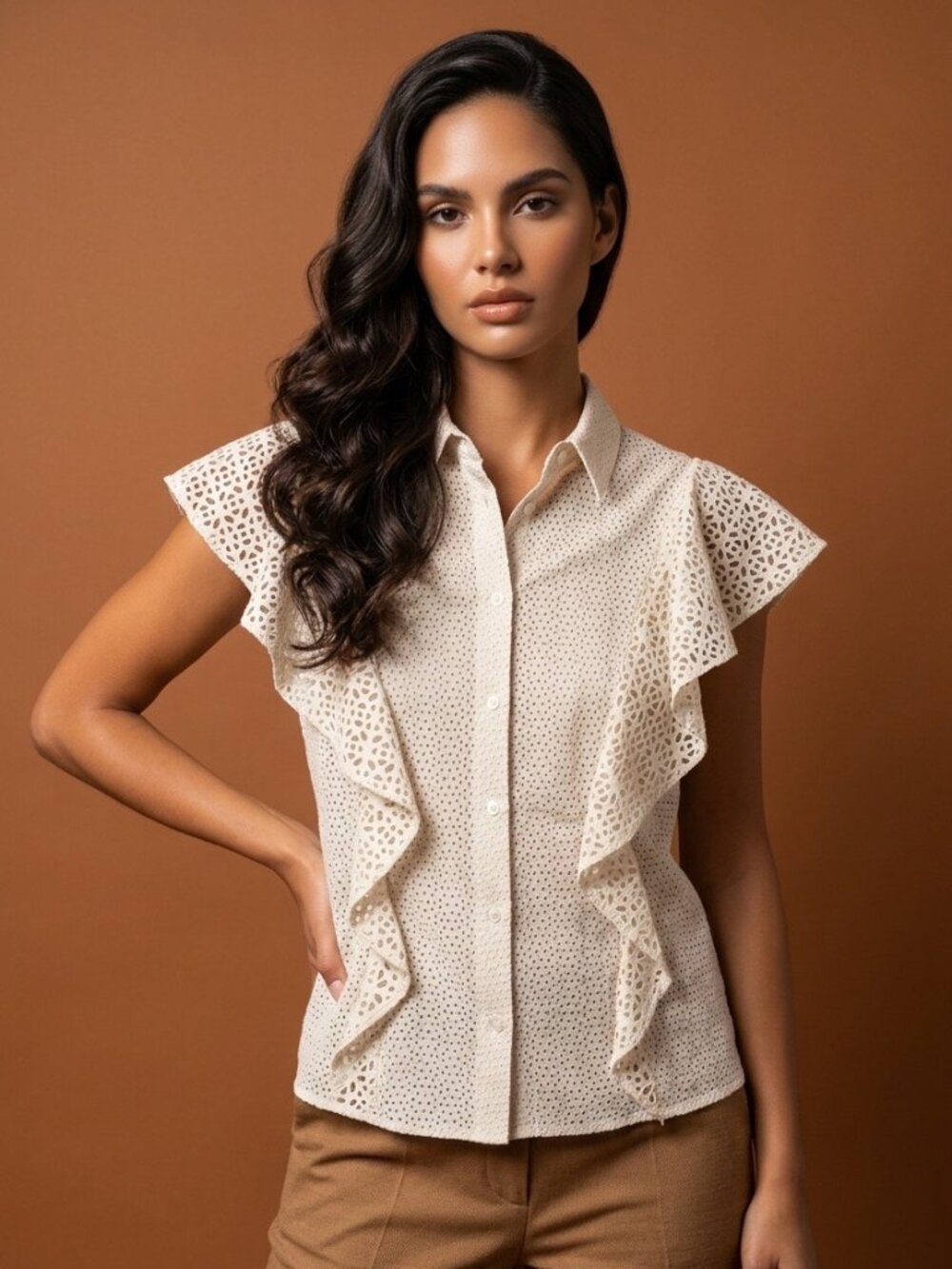 Theory Ivory Eyelet Cutout Ruffle Button Front Blouse Size M